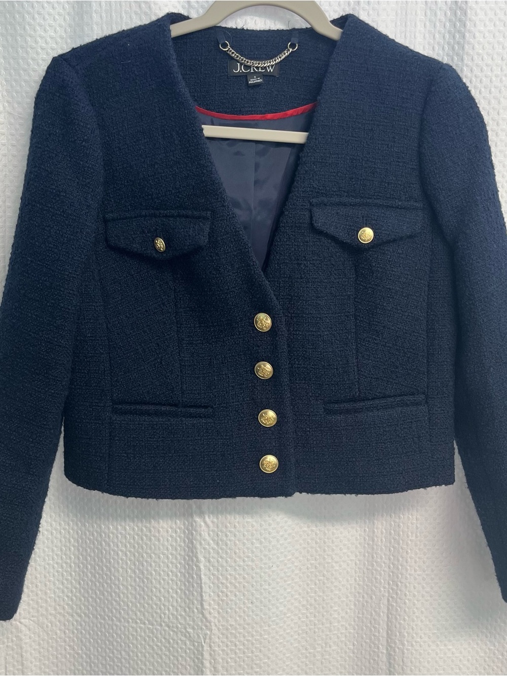 J. Crew V Neck Lady Jacket Navy Maritime Tweed Wool w/ Gold Crest Buttons 2